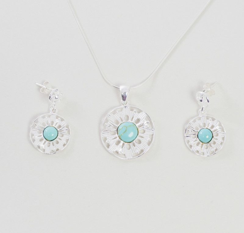 Set argint cu floricele si turcoaze